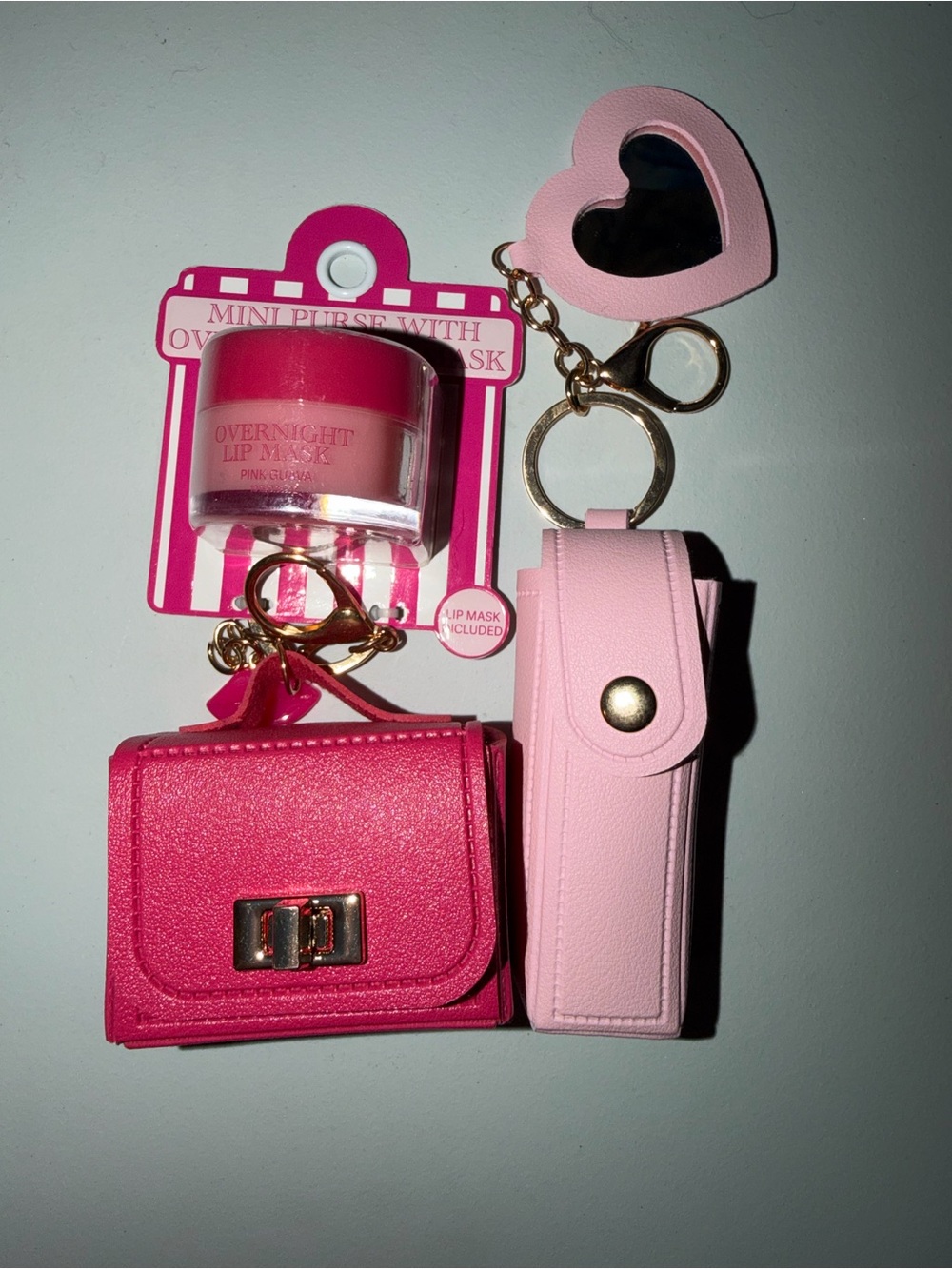 Pink Mini Purse Keychain Bundle w/ Heart Mirror & Overnight Lip Mask